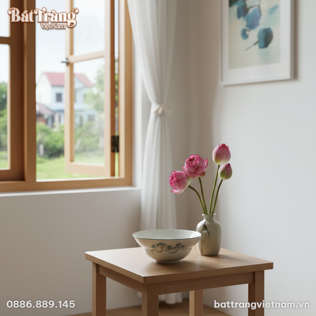 Chiếc t&ocirc; sứ trắng họa tiết sen xanh đặt trang t...