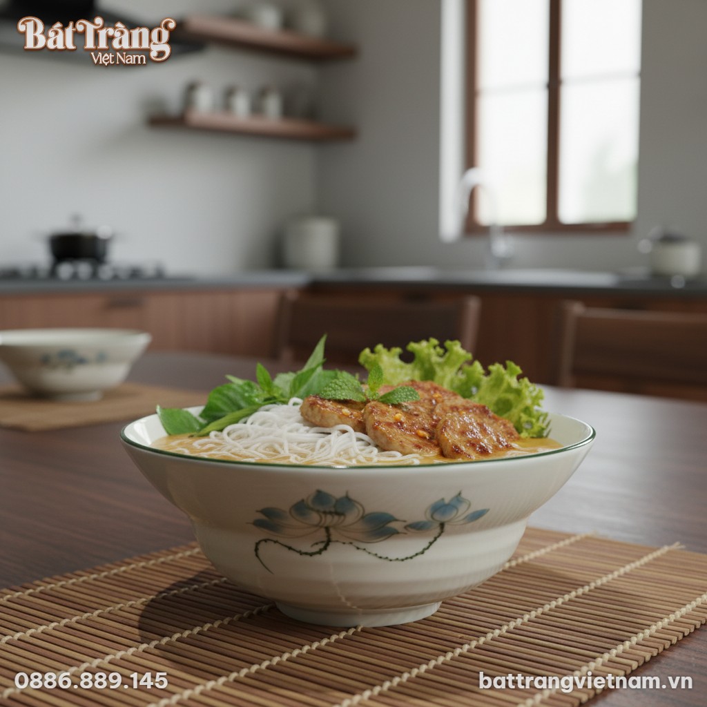 Cận cảnh t&ocirc; sứ trắng họa tiết sen xanh tinh xảo...