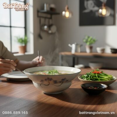 Cận cảnh tô sứ trắng họa tiết sen xanh trên bàn...