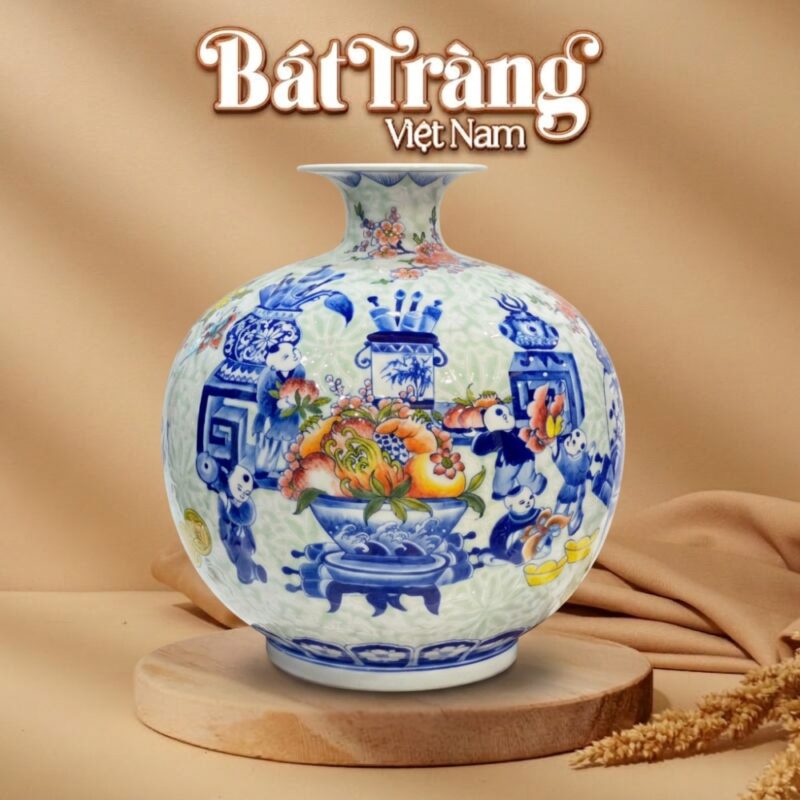 Bình hút lộc nhị cảnh Bách Nhi Bách Phúc - Cổ Đổ Sinh Phú Quý nền hoa gấm BT-BHL106