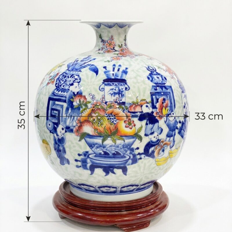 Kích thước Bình hút lộc nhị cảnh Bách Nhi Bách Phúc - Cổ Đổ Sinh Phú Quý nền hoa gấm BT-BHL106