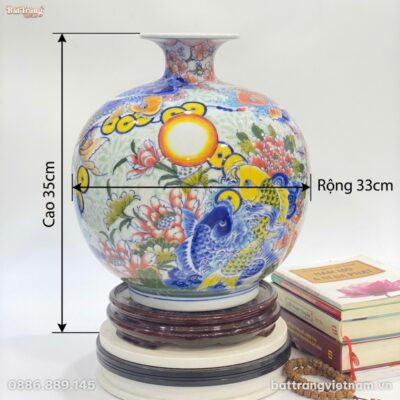Kích thước Bình hút lộc nhị cảnh "Cá chép chiêu tài lộc - Hoa cát tường" nền gấm hoa BT-BHL111