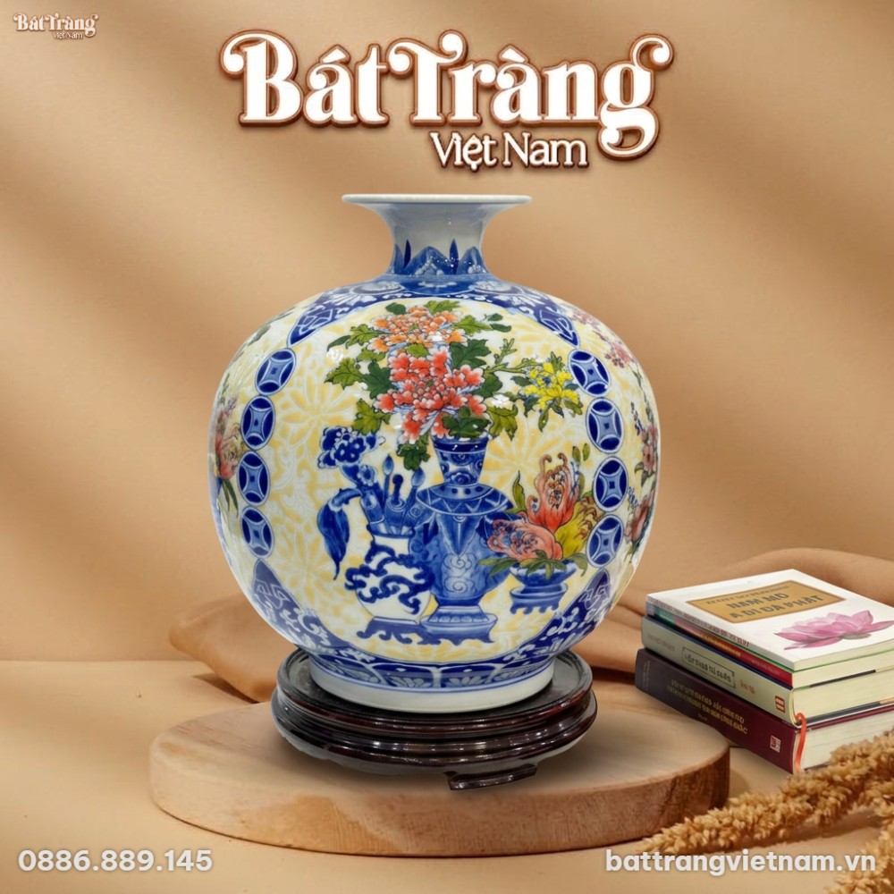 B&igrave;nh h&uacute;t lộc tứ cảnh Cổ Đồ Sinh Ph&uacute; Qu&yacute; nền hoa gấm v&agrave;ng BT-BHL106