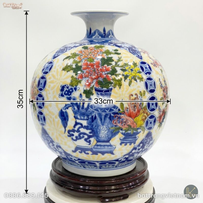 Kích thước Bình hút lộc tứ cảnh Cổ Đồ Sinh Phú Quý nền hoa gấm vàng BT-BHL106