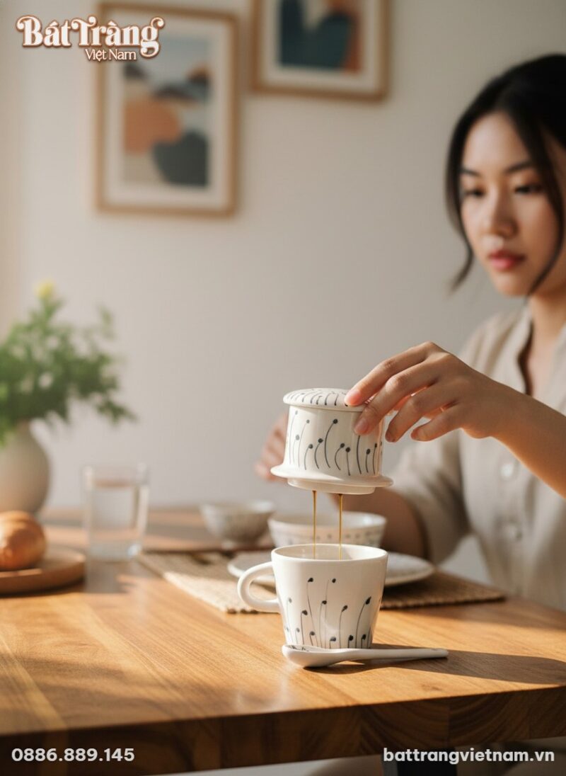 Một người mẫu thanh lịch đang nhẹ nhàng pha cà ...