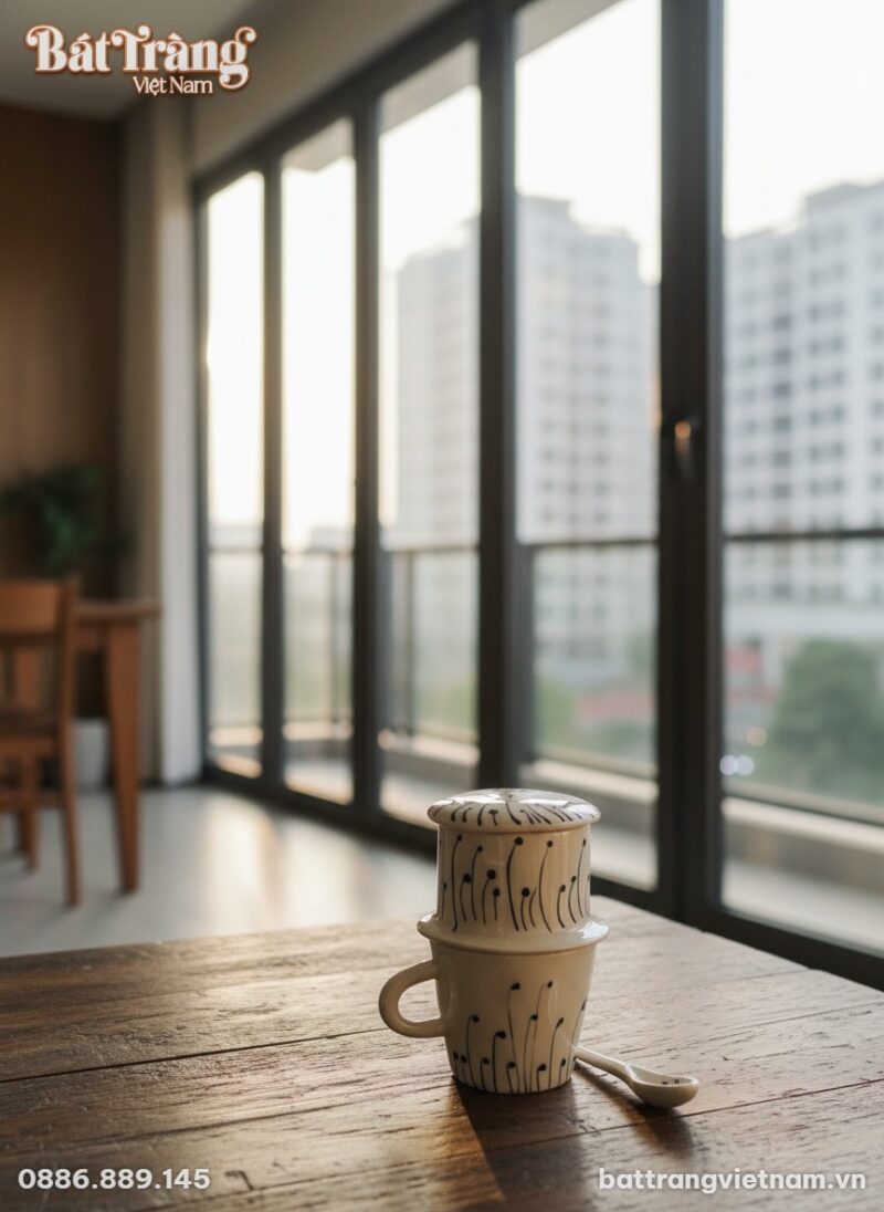 Bộ phin cafe gốm sứ Bát Tràng họa tiết cây lá đ...