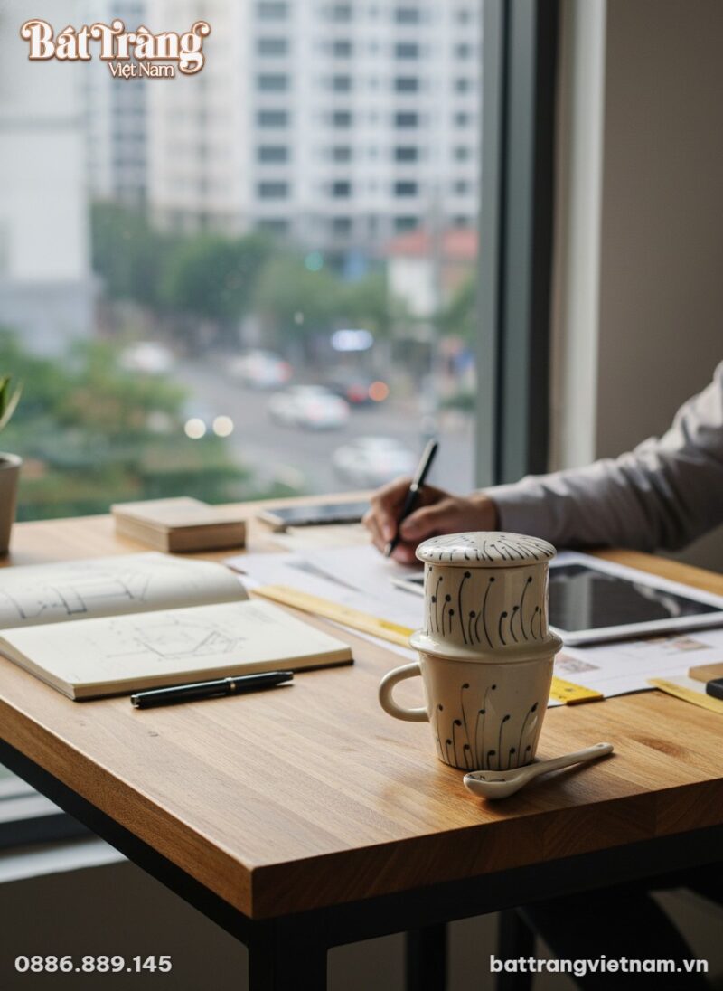 Bộ phin cafe gốm sứ Bát Tràng họa tiết cây lá đ...