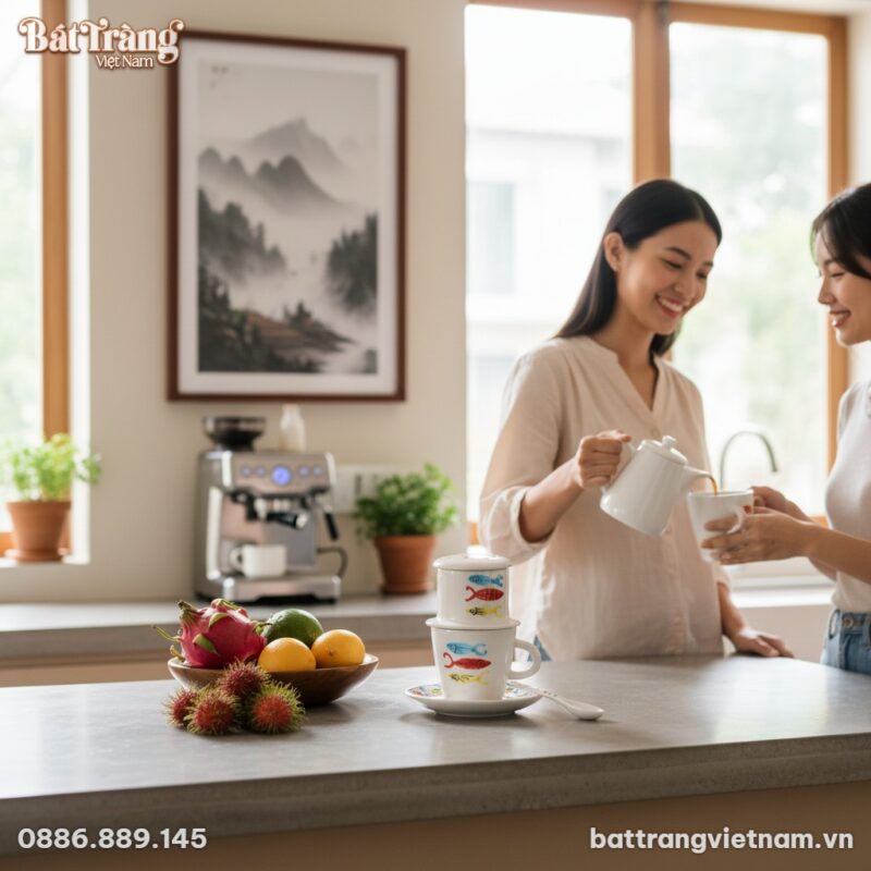 Trong không gian bếp hiện đại và ấm cúng của mộ...