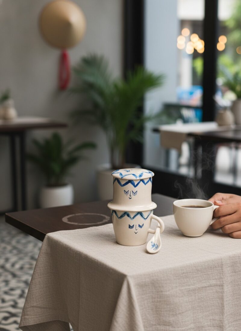 Cận cảnh bộ phin cà phê gốm sứ men lam vẽ tay t...