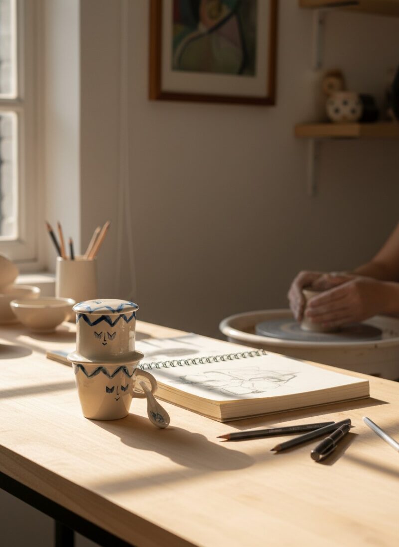 Góc bàn làm việc tối giản trong studio nghệ sĩ ...