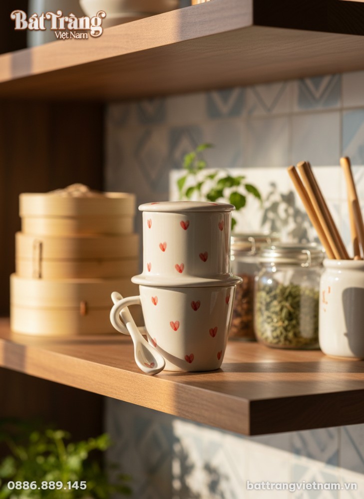 Bộ phin c&agrave; ph&ecirc; gốm sứ B&aacute;t Tr&agrave;ng họa tiết tr&aacute;i t...
