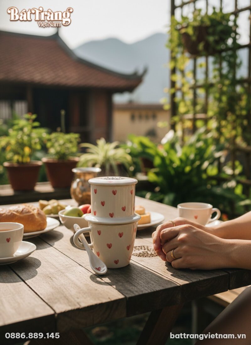 Cận cảnh bộ phin cà phê gốm sứ Bát Tràng họa ti...