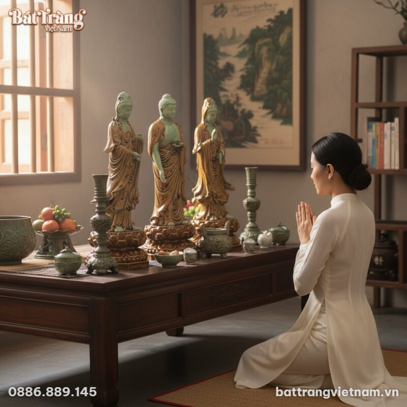 Bộ tượng Tây Phương Tam Thánh cao 30cm men ngọc...
