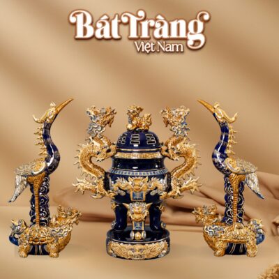 Bộ đỉnh hạc thờ cao cấp men Hoàng Kim Thuỷ Lam vẽ vàng 24k BT-ĐT111