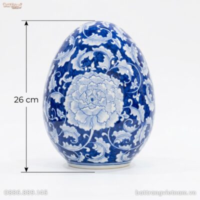 Kích thước Trứng tài lộc hoạ tiết vẽ tay "Hoa Khai Phú Quý" men lam BT-TG06
