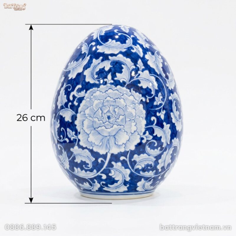Kích thước Trứng tài lộc hoạ tiết vẽ tay "Hoa Khai Phú Quý" men lam BT-TG06
