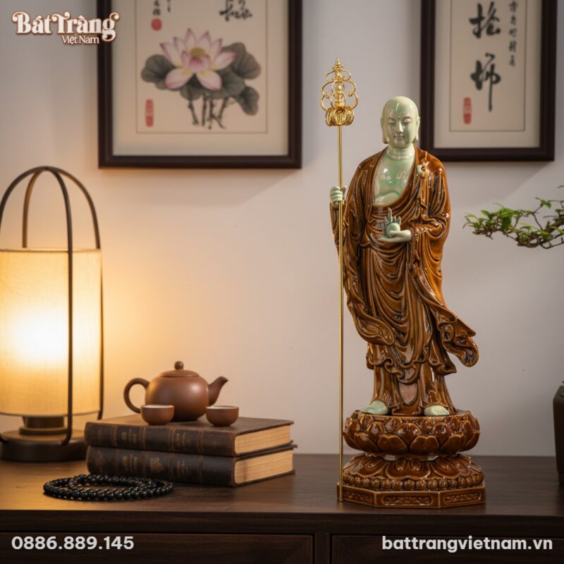 Tượng Địa Tạng Vương Bồ Tát men xanh ngọc và nâ...