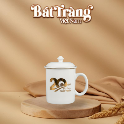 Ly sứ có nắp sứ trắng Bát Tràng in logo làm quà tặng BT-QT119
