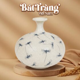 Bình hút lộc dáng dẹt men rạn hoạ tiết chuồn chuồn vẽ tay BT-BHL114