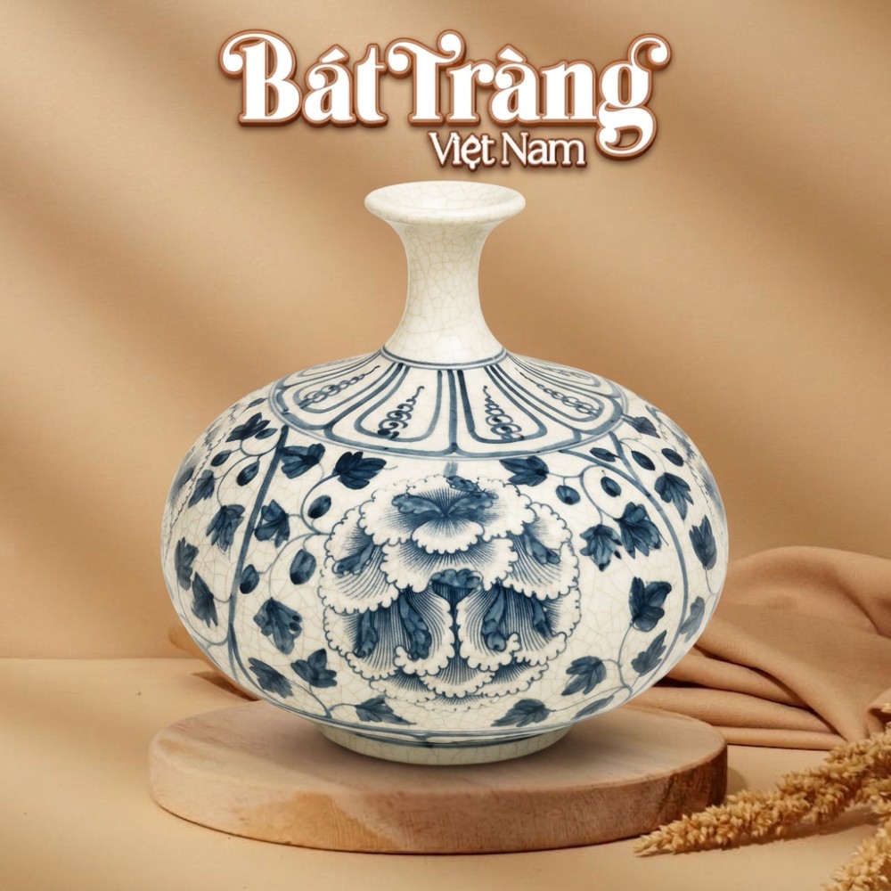 Bình hút lộc dáng dẹt men rạn hoạ tiết hoa phù dung vẽ tay BT-BHL115