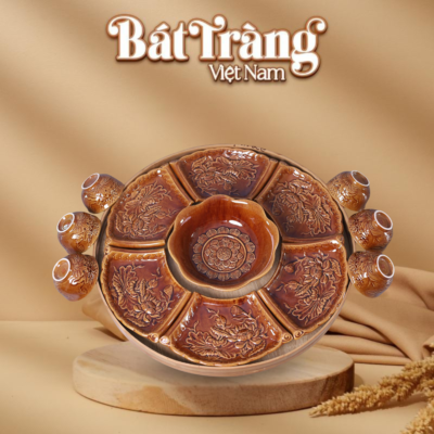 Bộ bát đĩa thờ cao cấp hoạ tiết sen men hoàng thổ BT-ĐT141