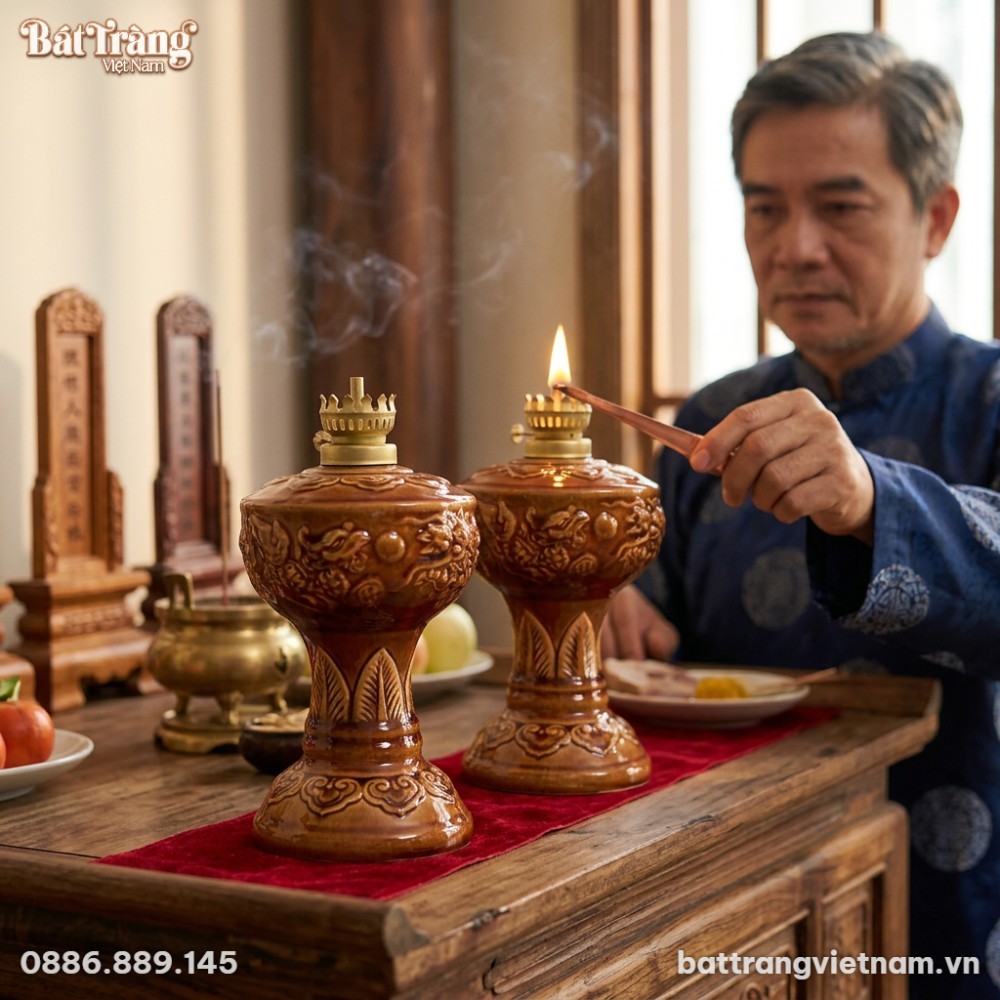 Ảnh cận cảnh g&oacute;c nghi&ecirc;ng một chiếc đ&egrave;n dầu gốm ...