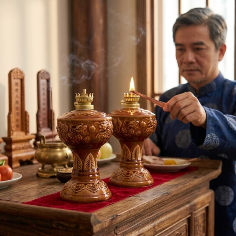 Ảnh cận cảnh góc nghiêng một chiếc đèn dầu gốm ...