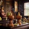 Ảnh chụp góc trung một cặp đèn dầu thờ men hoàn...