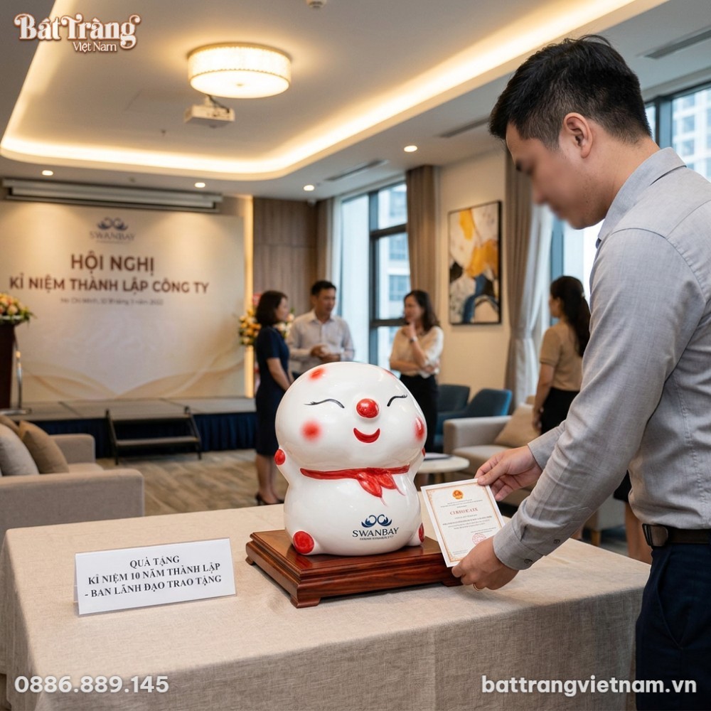 Heo đất gốm sứ h&igrave;nh b&aacute;nh bao in logo doanh nghi...