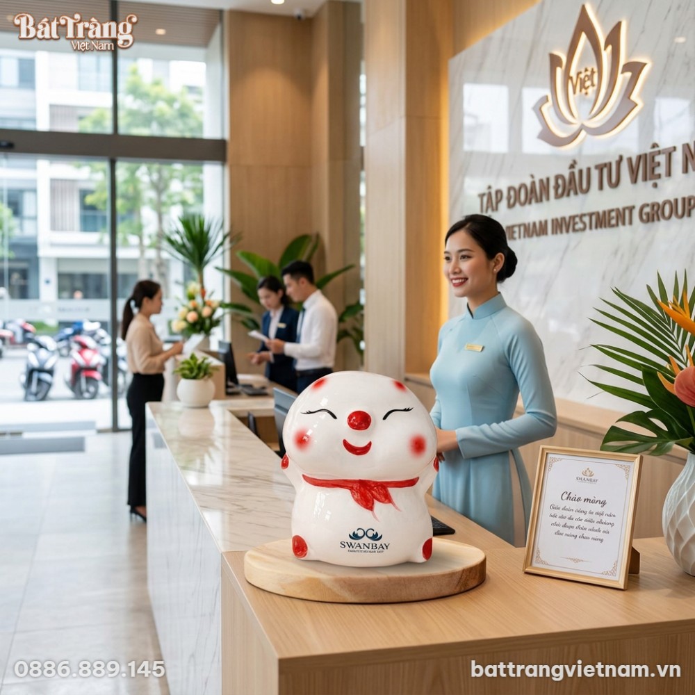 Heo đất gốm sứ h&igrave;nh b&aacute;nh bao in logo doanh nghi...