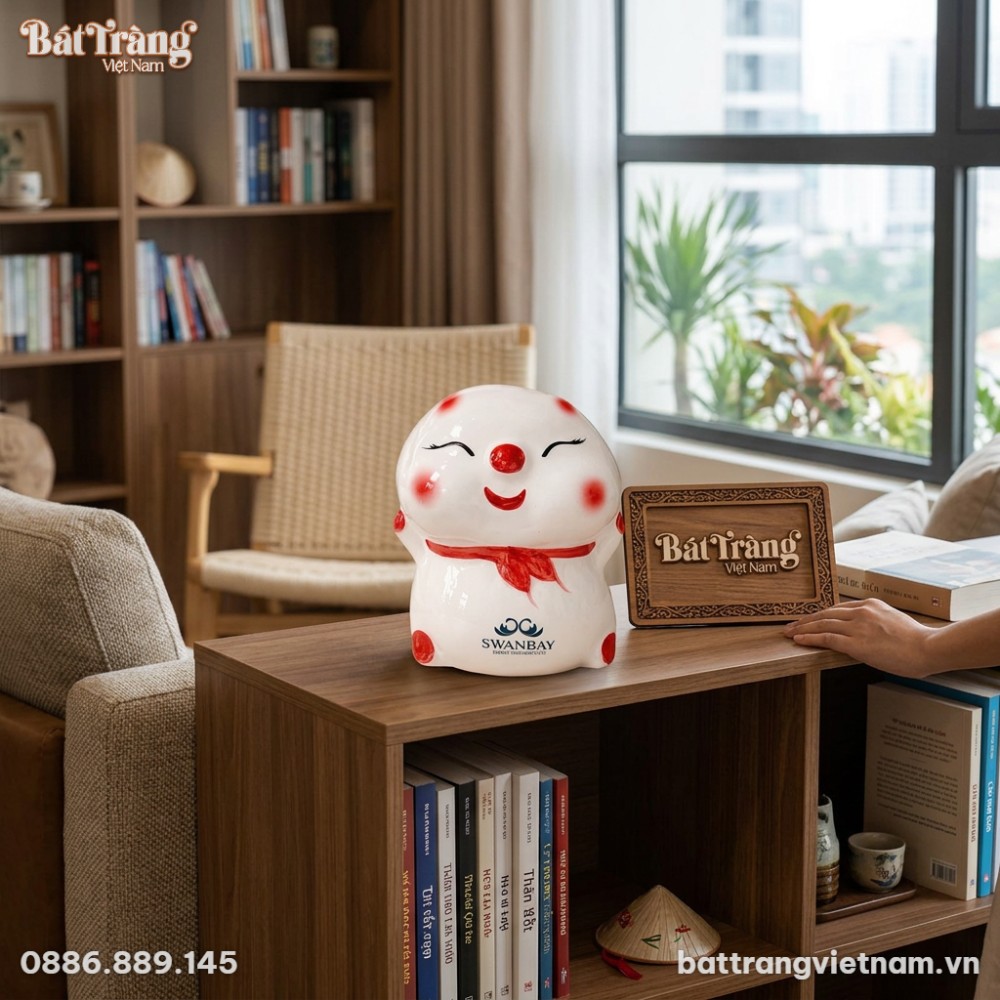 Heo đất tiết kiệm gốm sứ trắng vẽ đỏ h&igrave;nh b&aacute;nh ...