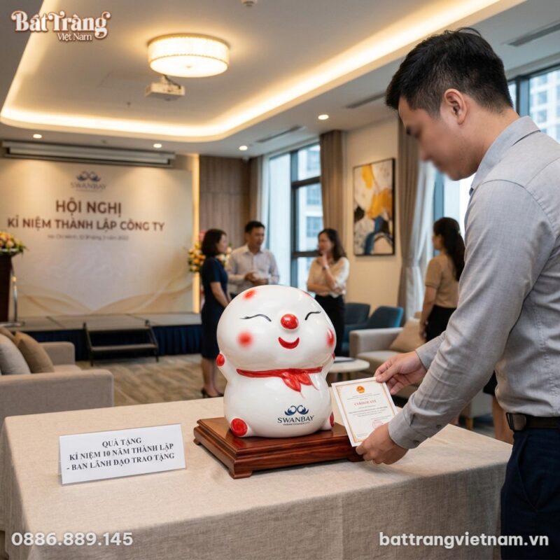 Heo đất gốm sứ hình bánh bao in logo doanh nghi...