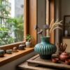 Góc chụp cận cảnh chiếc bình gốm men hỏa biến l...