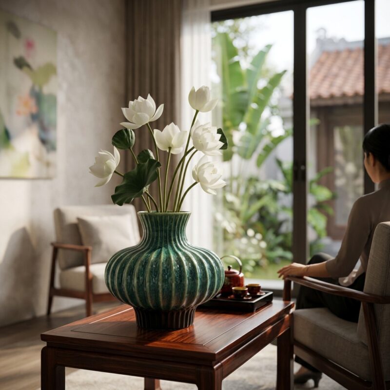 Lọ hoa dáng lồng đèn men hỏa biến xanh lục bảo ...