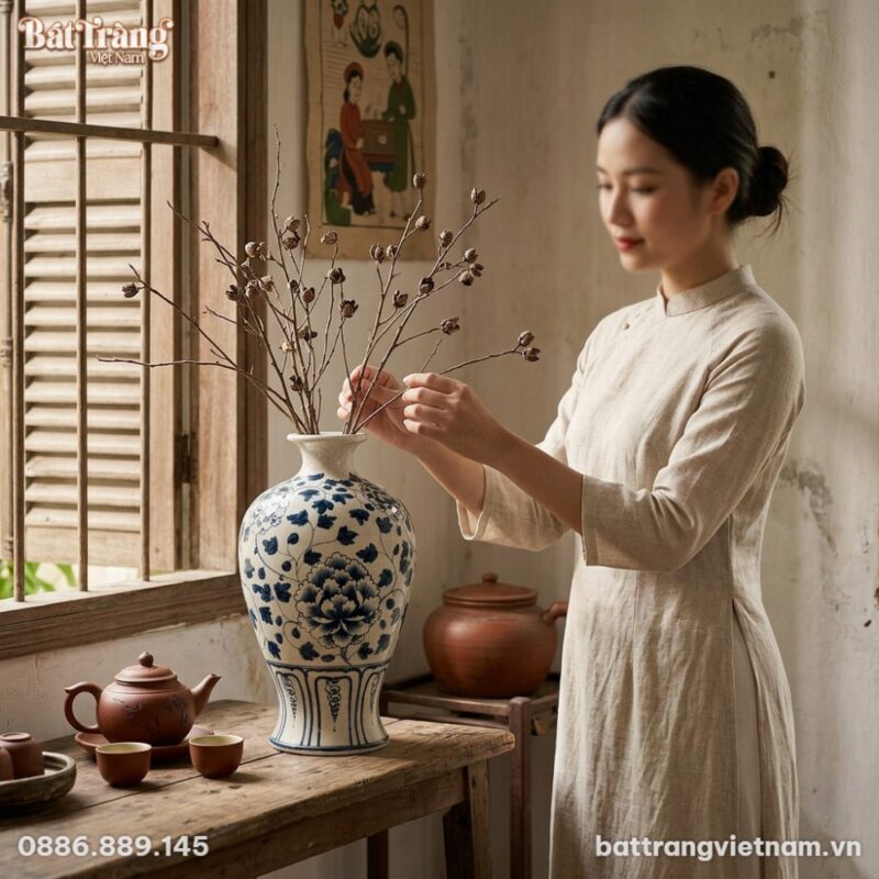 Lọ gốm mai bình men rạn họa tiết xanh lam cổ đi...