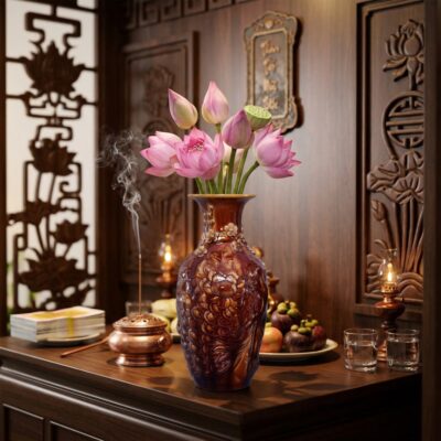 Ảnh chụp cận cảnh chiếc lọ hoa gốm sứ Bát Tràng...