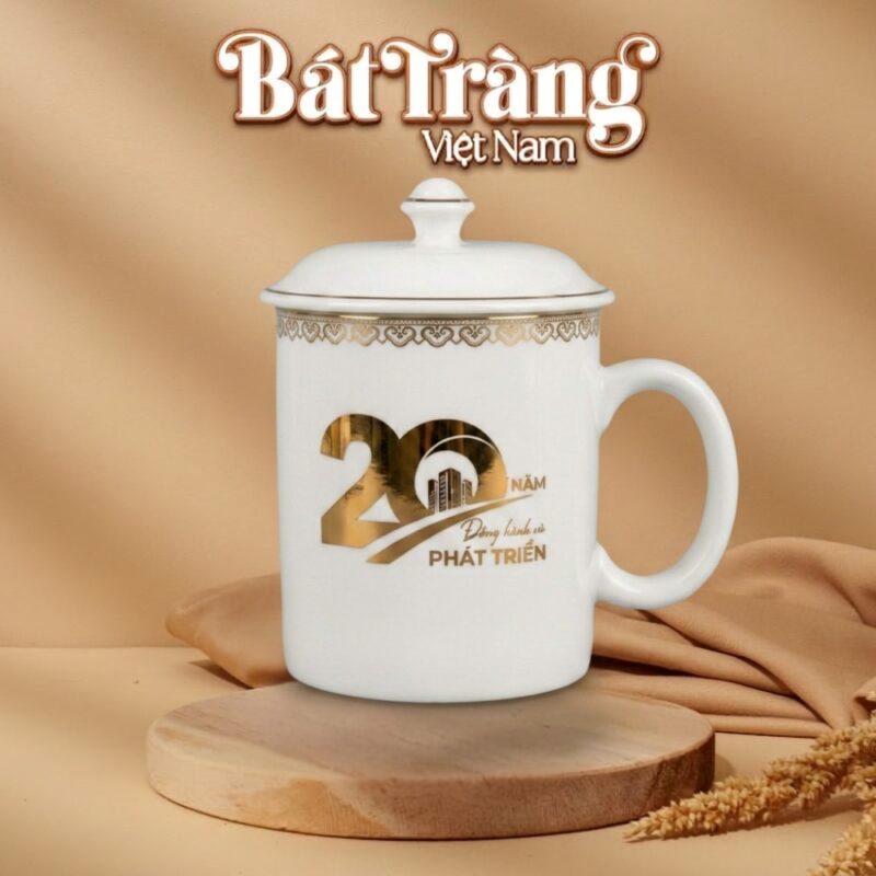 Ly sứ có nắp sứ trắng Bát Tràng in logo làm quà tặng BT-QT119