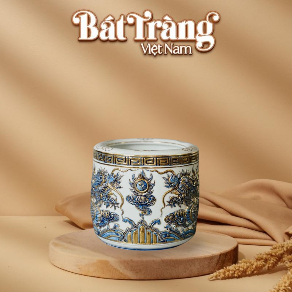 Bát hương thờ cao cấp hoạ tiết rồng vẽ vàng men bạch ngọc hoàng kim BT-ĐT171