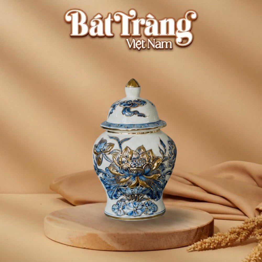 Choé thờ cao cấp hoạ tiết sen vẽ vàng men bạch ngọc hoàng kim BT-ĐT169
