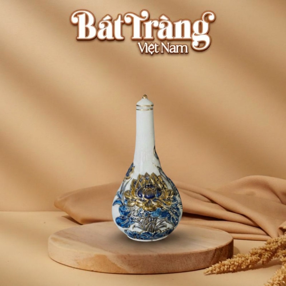 Nậm rượu thờ cao cấp hoạ tiết sen vẽ vàng men bạch ngọc hoàng kim BT-ĐT169