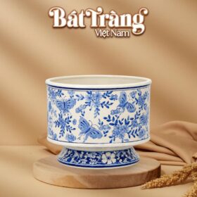 Ang cắm hoa dáng trụ chân đế men lam vẽ bướm hoa mùa xuân BT-LH135