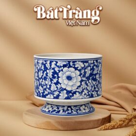 Ang cắm hoa dáng trụ có đôn liền men lam hoa phù dung BT-LH127
