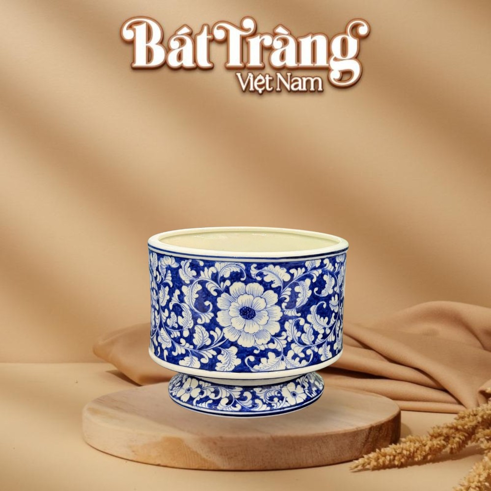 Ang cắm hoa dáng trụ có đôn liền men lam hoa phù dung BT-LH127