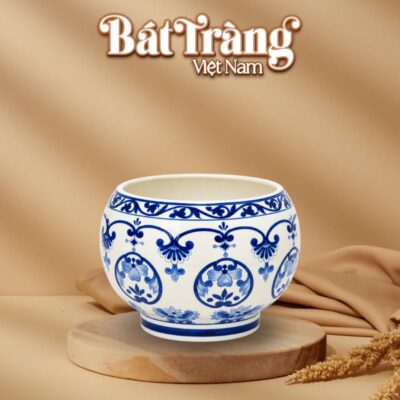 Ang tròn cắm hoa Bát Tràng men lam vẽ hoa văn cổ BT-LH130
