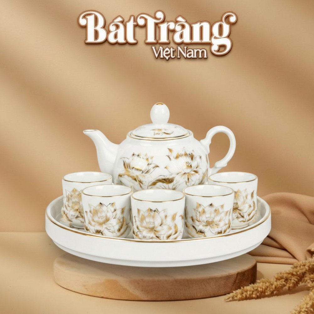 Bộ ấm chén thờ men bạch ngọc hoạ tiết sen vẽ vàng BT-ĐT189