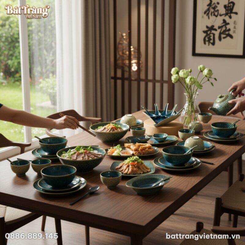 Bữa ăn gia đình Việt Nam hiện đại, bộ bát đĩa m...