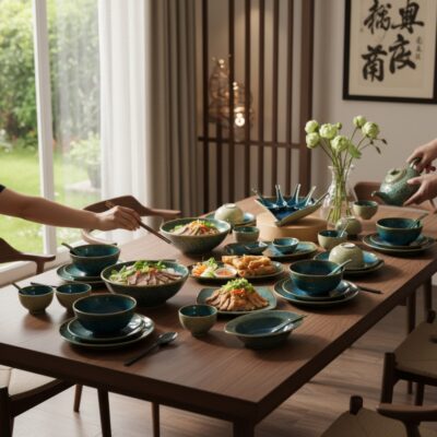 Bữa ăn gia đình Việt Nam hiện đại, bộ bát đĩa m...