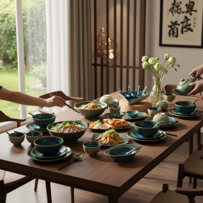 Bữa ăn gia đình Việt Nam hiện đại, bộ bát đĩa m...