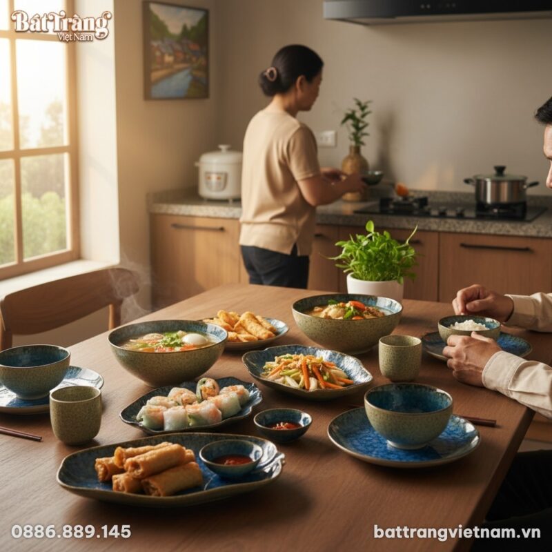 Bữa cơm gia đình ấm cúng trong căn bếp hiện đại...