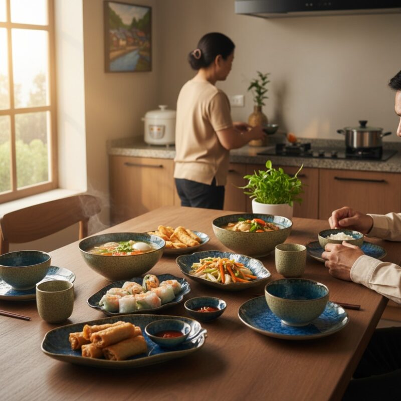 Bữa cơm gia đình ấm cúng trong căn bếp hiện đại...
